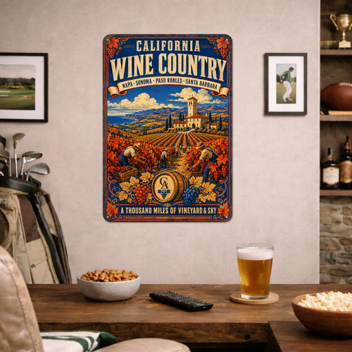 California Wine Country Napa Sonoma Paso Robles metal sign with vintage weathered-tin travel poster illustration —