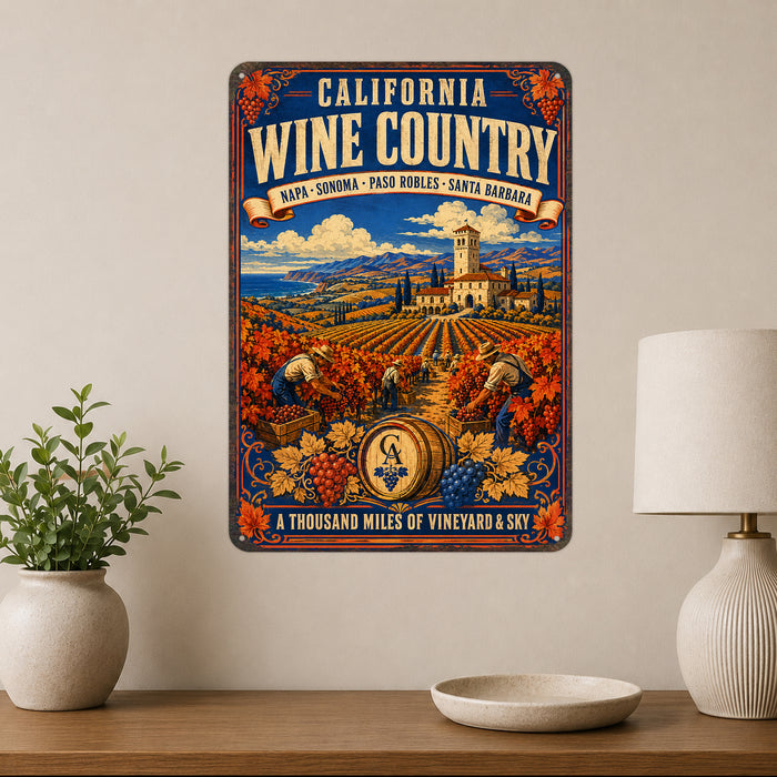 California Wine Country Napa Sonoma Paso Robles metal sign with vintage weathered-tin travel poster illustration —