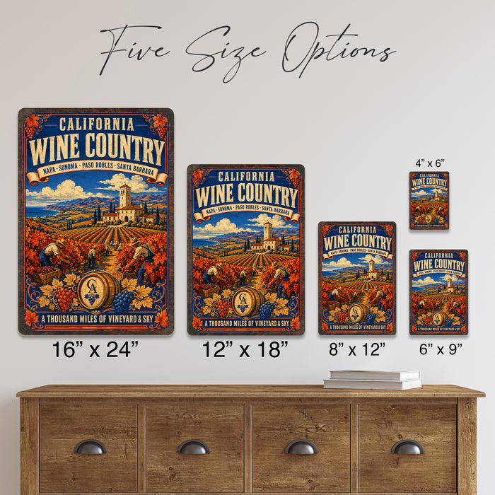 California Wine Country Napa Sonoma Paso Robles metal sign with vintage weathered-tin travel poster illustration —