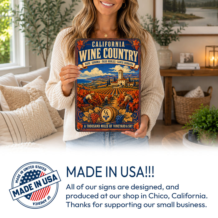 California Wine Country Napa Sonoma Paso Robles metal sign with vintage weathered-tin travel poster illustration —