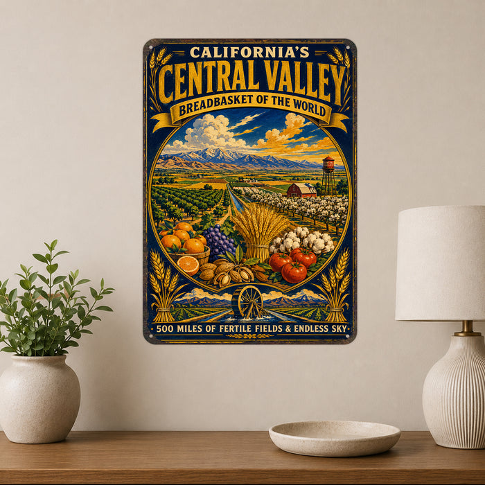 California Central Valley Breadbasket metal sign with vintage weathered-tin travel poster illustration — California Central