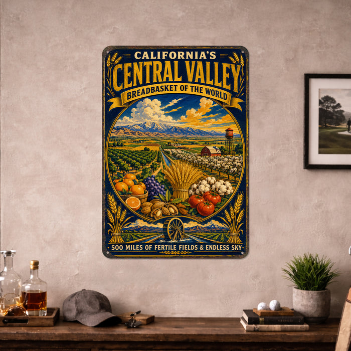 California Central Valley Breadbasket metal sign with vintage weathered-tin travel poster illustration — California Central