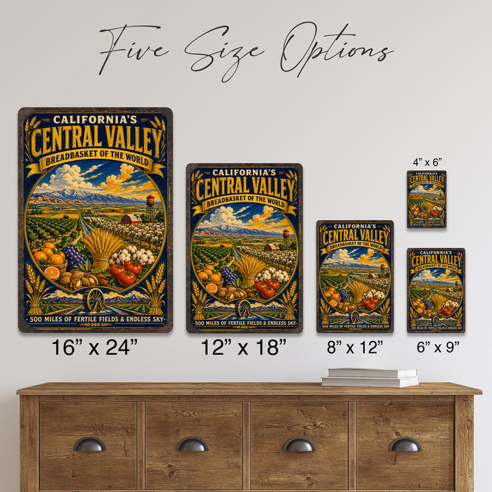 California Central Valley Breadbasket metal sign with vintage weathered-tin travel poster illustration — California Central