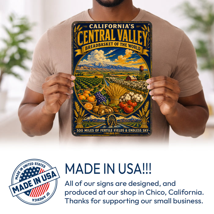 California Central Valley Breadbasket metal sign with vintage weathered-tin travel poster illustration — California Central