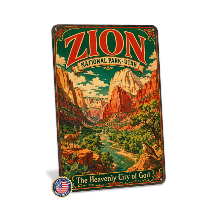 Zion National Park Utah Heavenly City metal sign with vintage weathered-tin travel poster illustration — Zion National Park