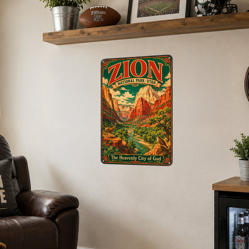Zion National Park Utah Heavenly City metal sign with vintage weathered-tin travel poster illustration — Zion National Park