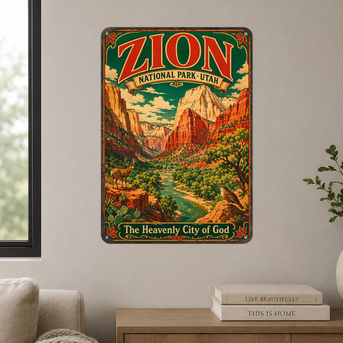 Zion National Park Utah Heavenly City metal sign with vintage weathered-tin travel poster illustration — Zion National Park