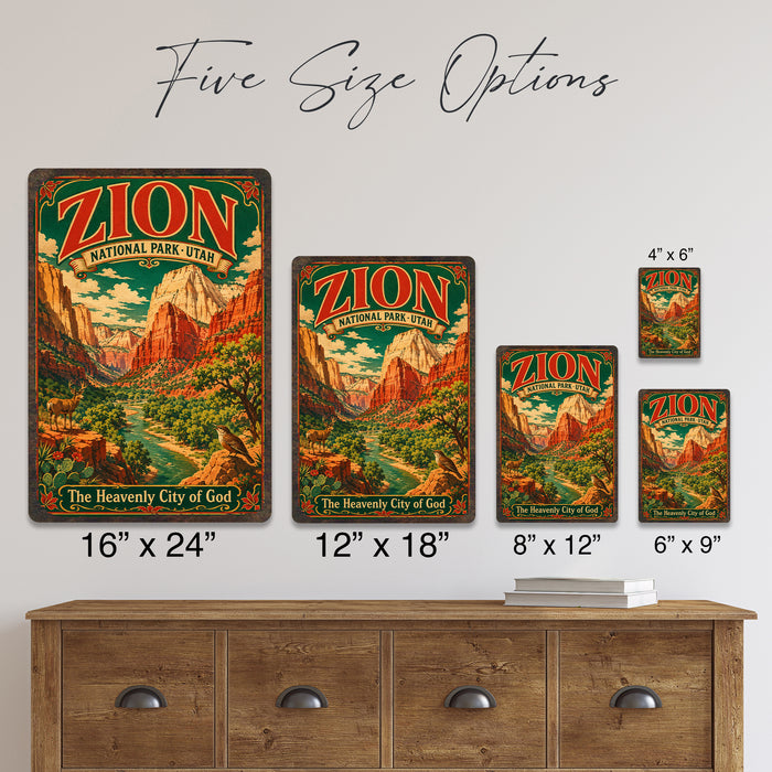 Zion National Park Utah Heavenly City metal sign with vintage weathered-tin travel poster illustration — Zion National Park