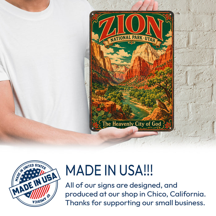 Zion National Park Utah Heavenly City metal sign with vintage weathered-tin travel poster illustration — Zion National Park