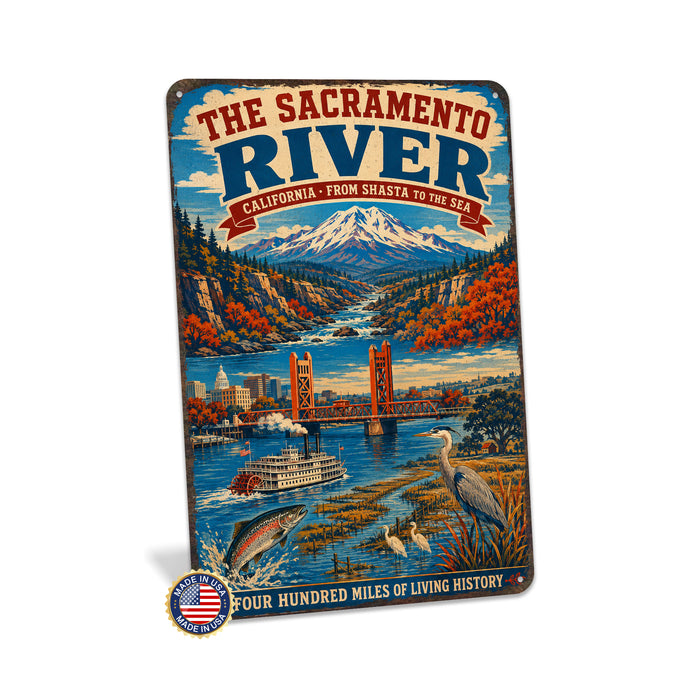 The Sacramento River California metal sign with vintage weathered-tin travel poster illustration — The Sacramento River