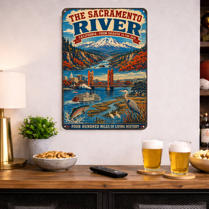 The Sacramento River California metal sign with vintage weathered-tin travel poster illustration — The Sacramento River