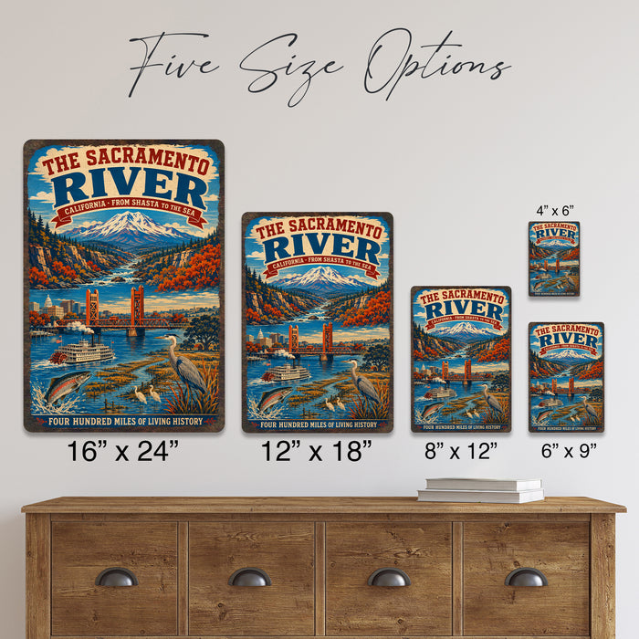 The Sacramento River California metal sign with vintage weathered-tin travel poster illustration — The Sacramento River