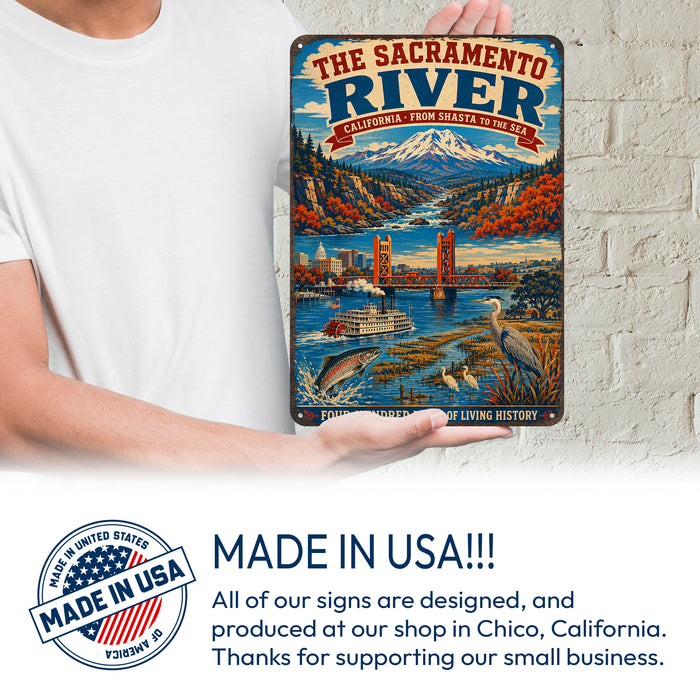 The Sacramento River California metal sign with vintage weathered-tin travel poster illustration — The Sacramento River