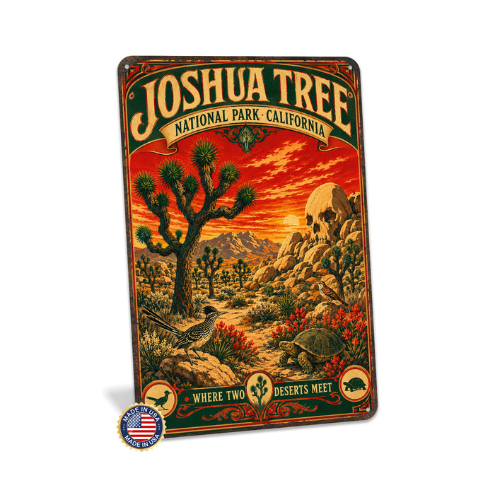 Joshua Tree National Park California metal sign with vintage weathered-tin travel poster illustration — Joshua Tree National