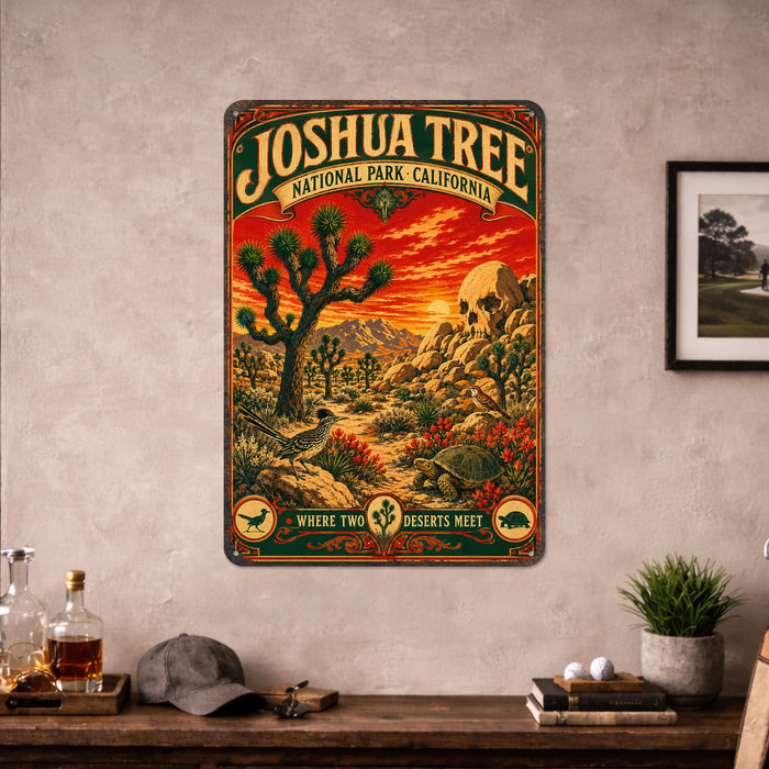 Joshua Tree National Park California metal sign with vintage weathered-tin travel poster illustration — Joshua Tree National