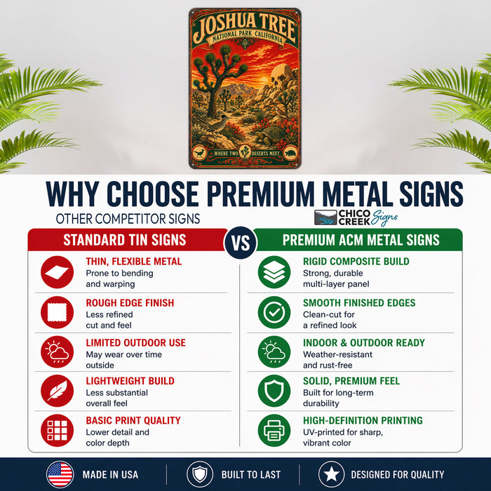 Joshua Tree National Park California metal sign with vintage weathered-tin travel poster illustration — Joshua Tree National