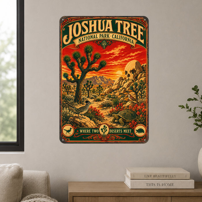 Joshua Tree National Park California metal sign with vintage weathered-tin travel poster illustration — Joshua Tree National