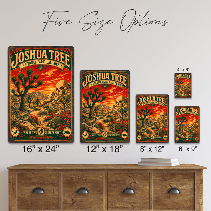 Joshua Tree National Park California metal sign with vintage weathered-tin travel poster illustration — Joshua Tree National