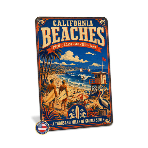 California Beaches Pacific Coast metal sign with vintage weathered-tin travel poster illustration — California Beaches