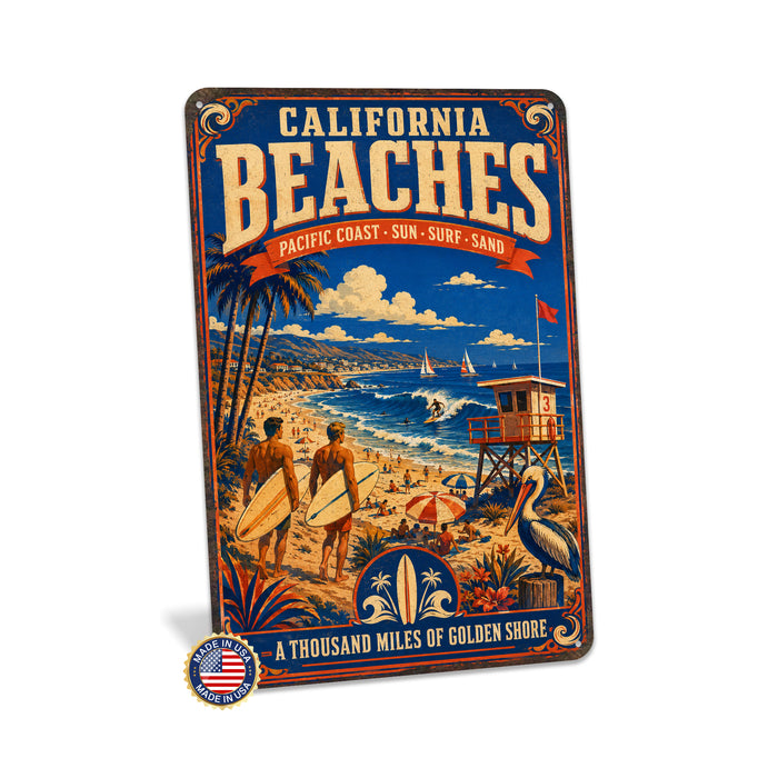 California Beaches Pacific Coast metal sign with vintage weathered-tin travel poster illustration — California Beaches