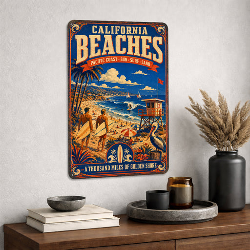 California Beaches Pacific Coast metal sign with vintage weathered-tin travel poster illustration — California Beaches
