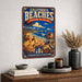 California Beaches Pacific Coast metal sign with vintage weathered-tin travel poster illustration — California Beaches