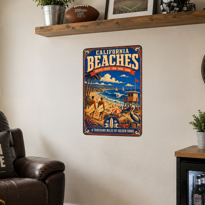 California Beaches Pacific Coast metal sign with vintage weathered-tin travel poster illustration — California Beaches