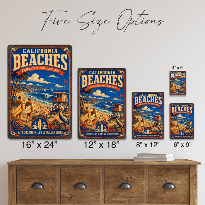 California Beaches Pacific Coast metal sign with vintage weathered-tin travel poster illustration — California Beaches