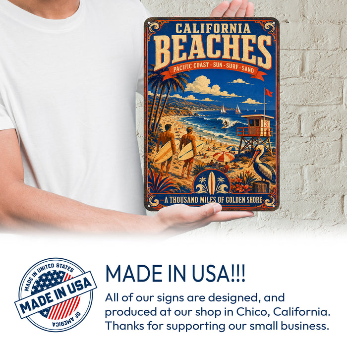 California Beaches Pacific Coast metal sign with vintage weathered-tin travel poster illustration — California Beaches
