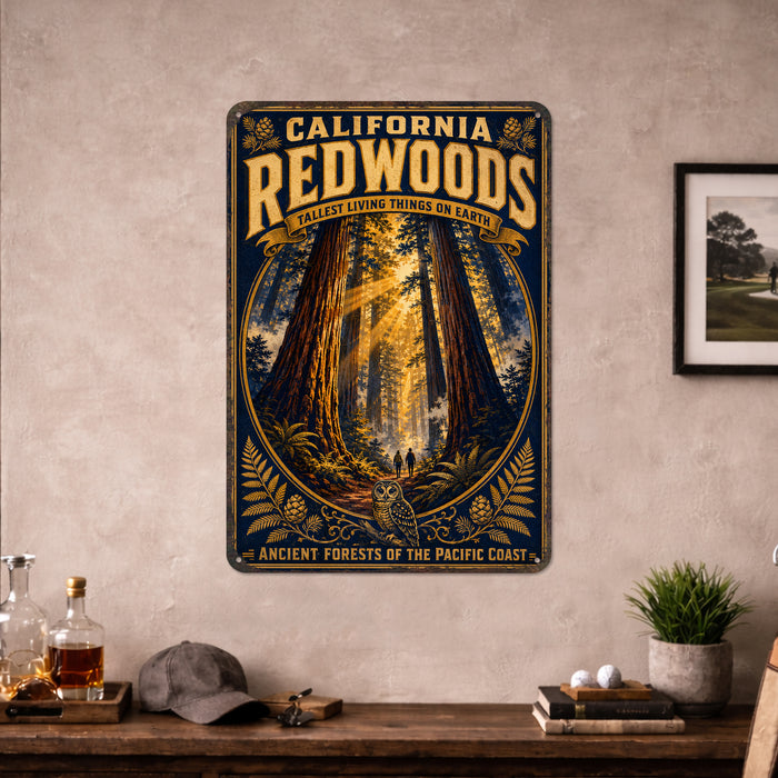 California Redwoods Ancient Forest metal sign with vintage weathered-tin travel poster illustration — California Redwoods