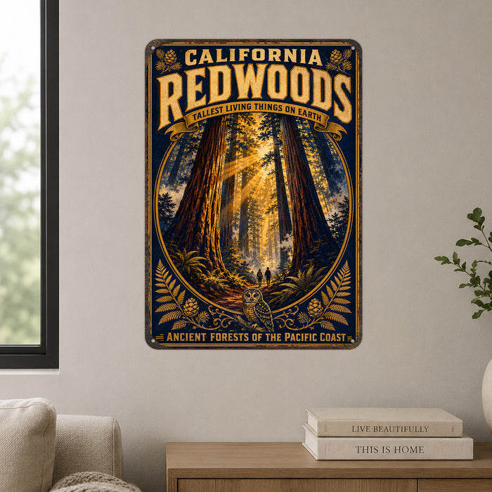 California Redwoods Ancient Forest metal sign with vintage weathered-tin travel poster illustration — California Redwoods