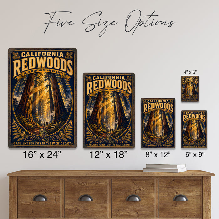 California Redwoods Ancient Forest metal sign with vintage weathered-tin travel poster illustration — California Redwoods