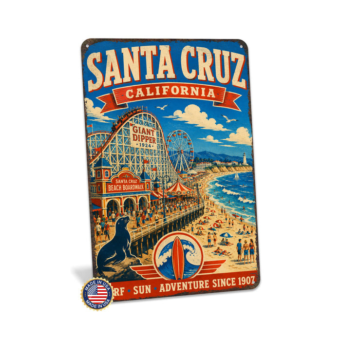 Santa Cruz California Beach Boardwalk metal sign with vintage weathered-tin travel poster illustration — Santa Cruz