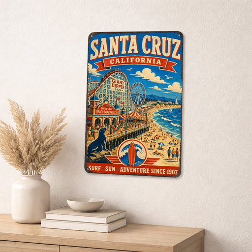 Santa Cruz California Beach Boardwalk metal sign with vintage weathered-tin travel poster illustration — Santa Cruz