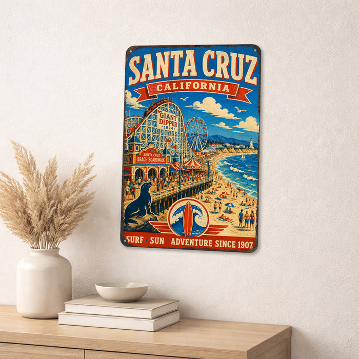 Santa Cruz California Beach Boardwalk metal sign with vintage weathered-tin travel poster illustration — Santa Cruz