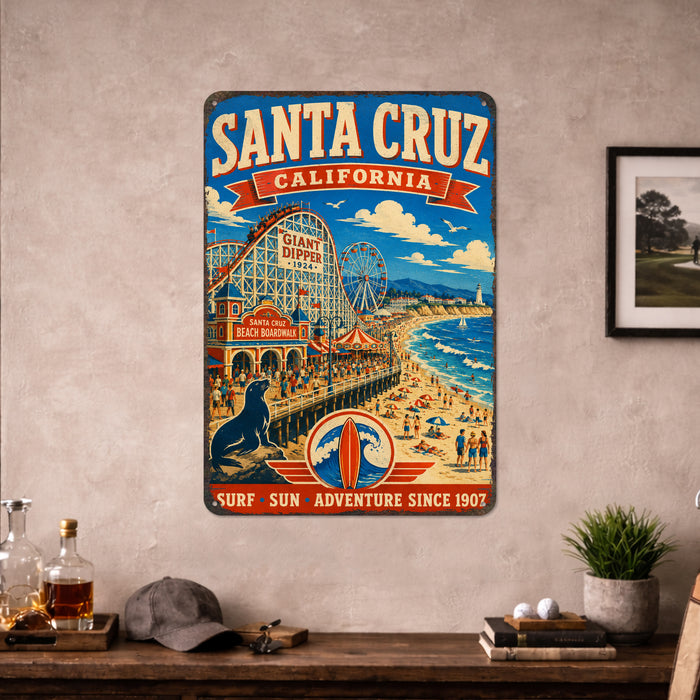 Santa Cruz California Beach Boardwalk metal sign with vintage weathered-tin travel poster illustration — Santa Cruz