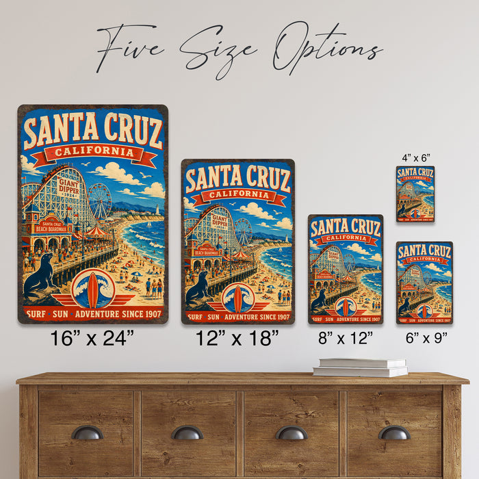 Santa Cruz California Beach Boardwalk metal sign with vintage weathered-tin travel poster illustration — Santa Cruz