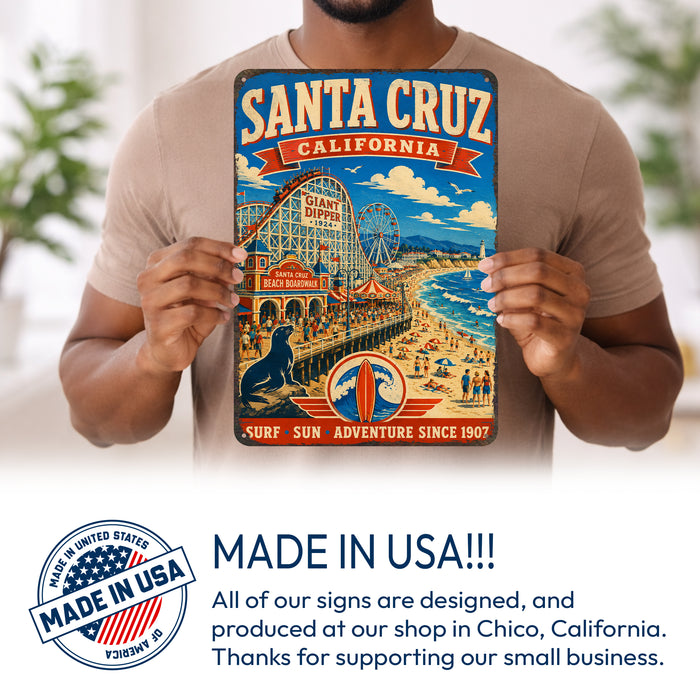 Santa Cruz California Beach Boardwalk metal sign with vintage weathered-tin travel poster illustration — Santa Cruz