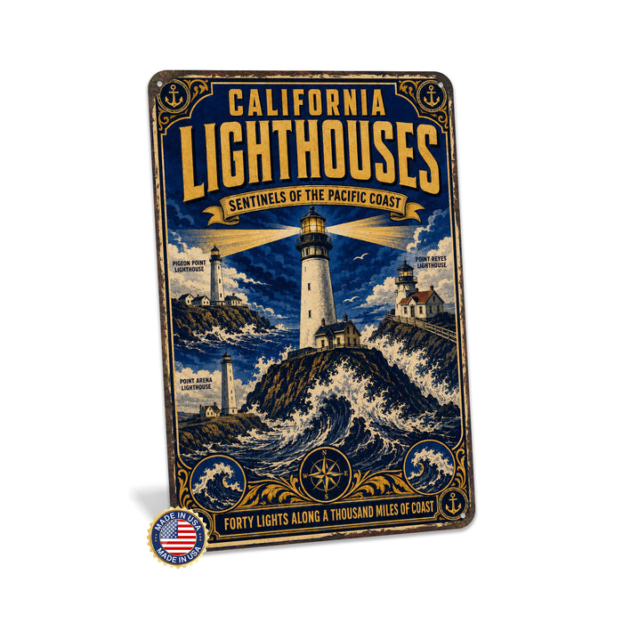 California Lighthouses Pacific Coast metal sign with vintage weathered-tin travel poster illustration — California