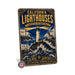 California Lighthouses Pacific Coast metal sign with vintage weathered-tin travel poster illustration — California