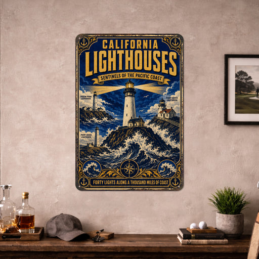 California Lighthouses Pacific Coast metal sign with vintage weathered-tin travel poster illustration — California