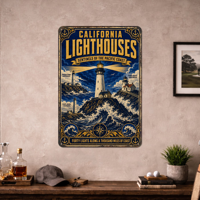 California Lighthouses Pacific Coast metal sign with vintage weathered-tin travel poster illustration — California