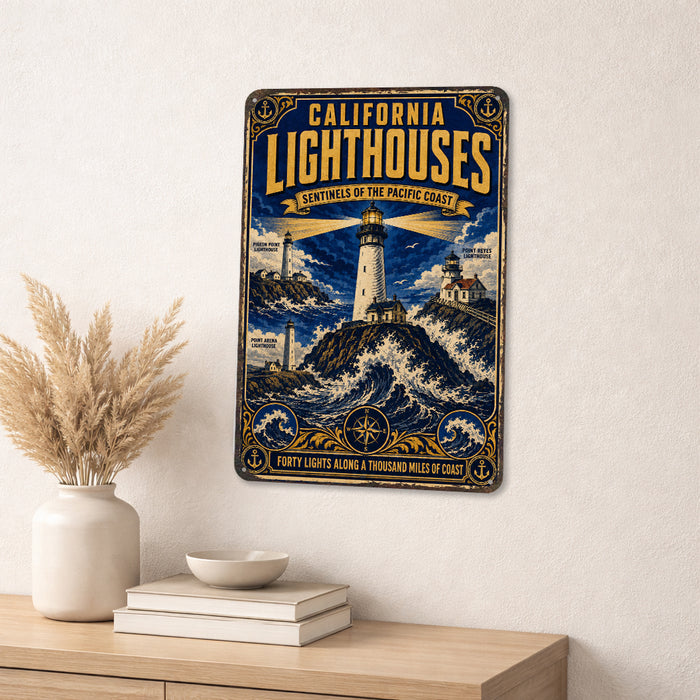 California Lighthouses Pacific Coast metal sign with vintage weathered-tin travel poster illustration — California