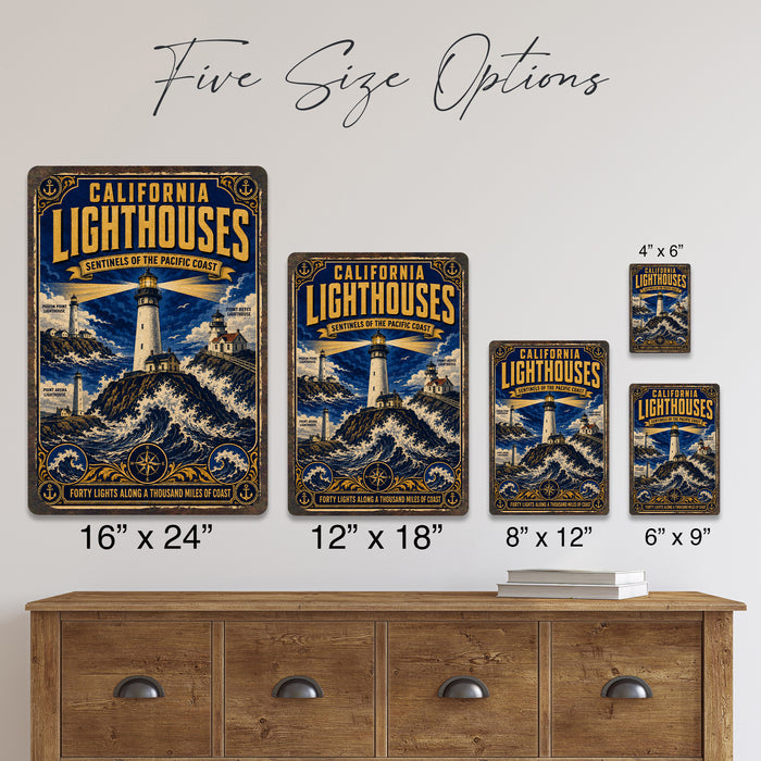 California Lighthouses Pacific Coast metal sign with vintage weathered-tin travel poster illustration — California