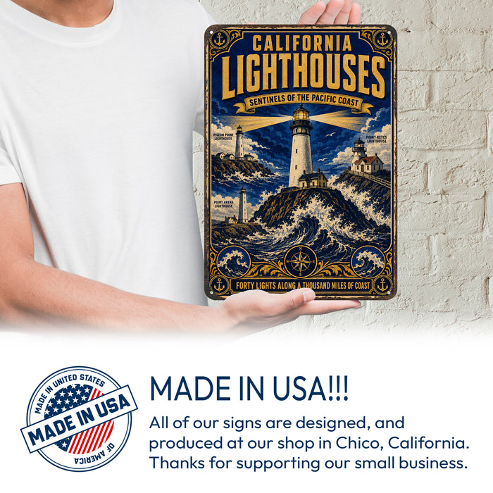 California Lighthouses Pacific Coast metal sign with vintage weathered-tin travel poster illustration — California