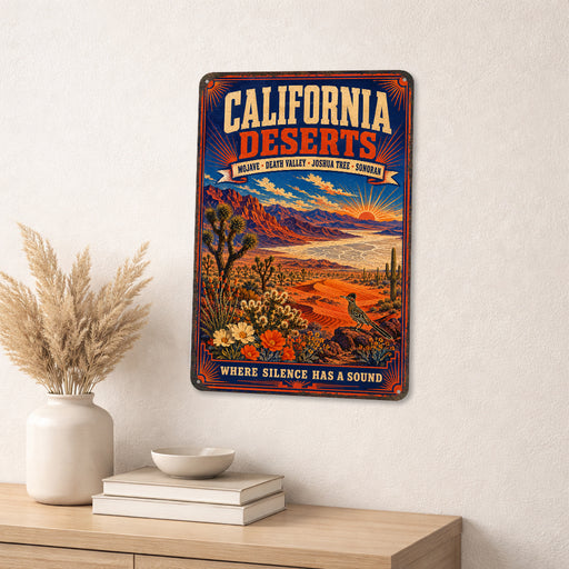 California Deserts Mojave Death Valley metal sign with vintage weathered-tin travel poster illustration — California Deserts