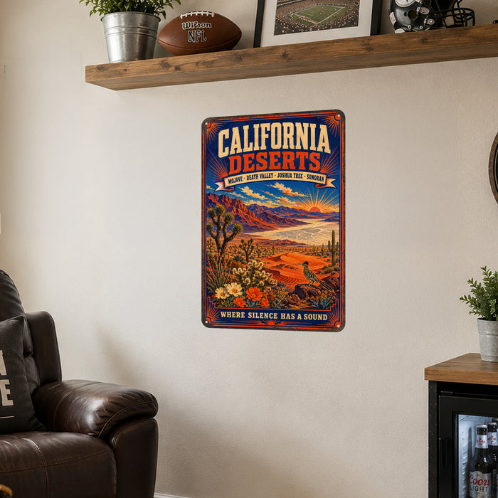 California Deserts Mojave Death Valley metal sign with vintage weathered-tin travel poster illustration — California Deserts
