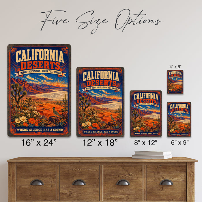 California Deserts Mojave Death Valley metal sign with vintage weathered-tin travel poster illustration — California Deserts