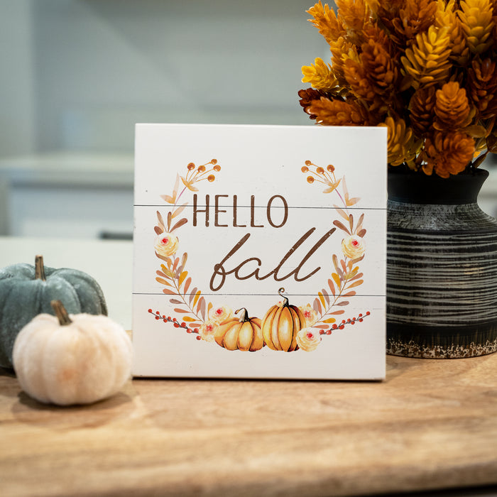 Hello Fall Pumpkin Wreath Wood Sign - Fall Decor