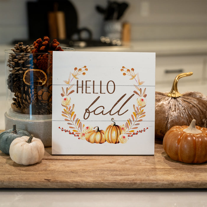 Hello Fall Pumpkin Wreath Wood Sign - Fall Decor